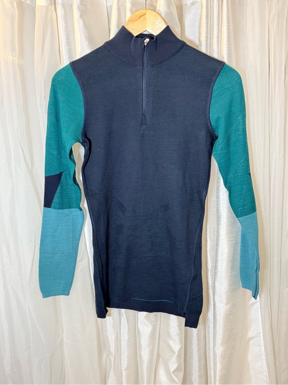 Smartwool Women's Zip Mock Neck Sweater in Navy with Teal and Aqua Sleeves